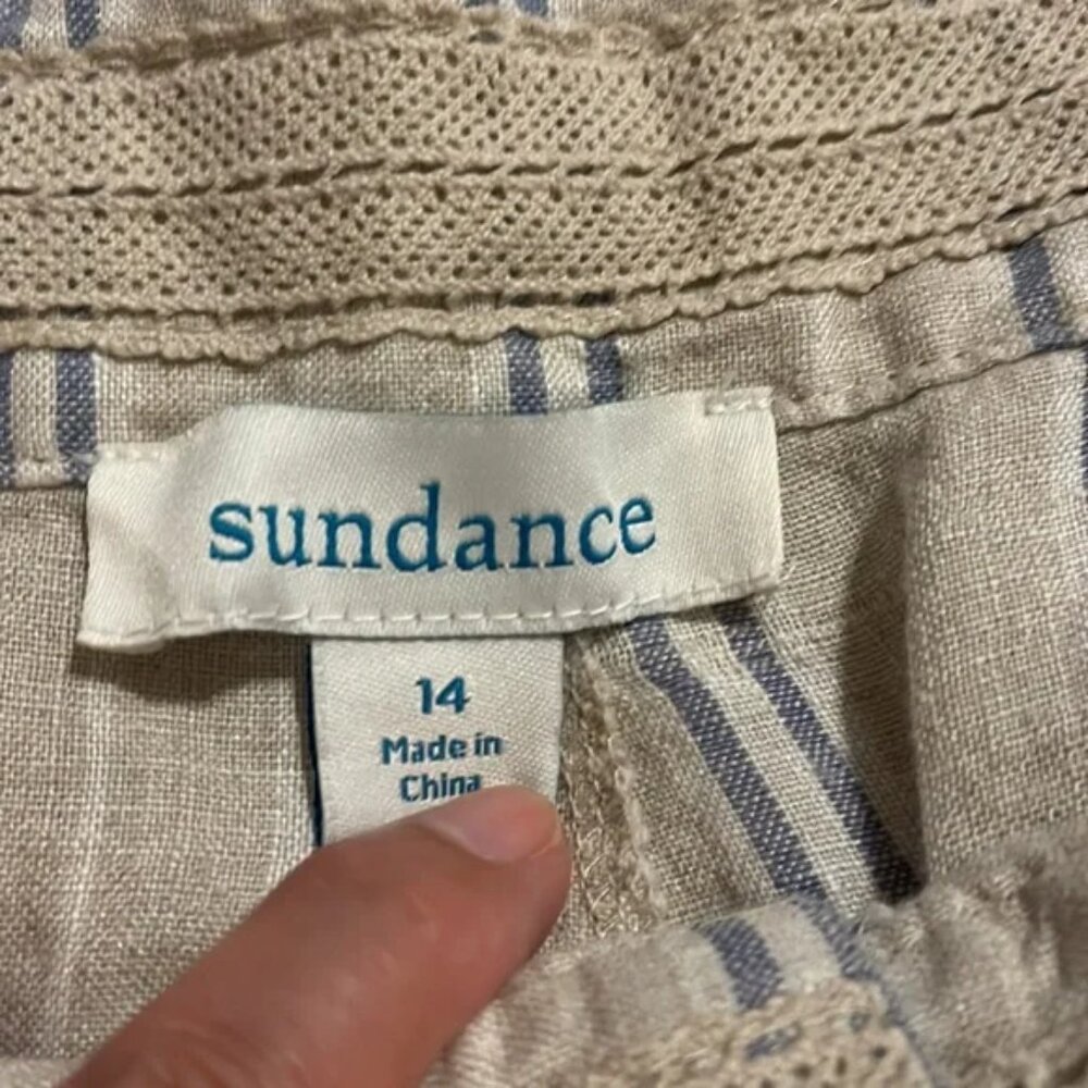 Sundance Wilde Linen Bermuda Shorts Tan High Rise Blue Stripe Button Det… - Picture 9 of 9